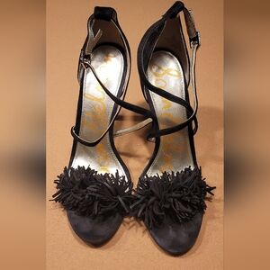 Sam Edelman Black Suede Fringe Open-Toe Heels